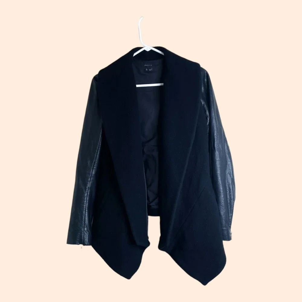 Wool Draped Open-Front Jacket with Genuine Leather Sleeves